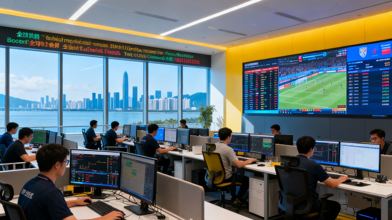 搜球吧深圳研发中心开放式办公区全景，数十名工程师在双屏工作站前专注工作，墙面实时滚动显示全球赛事数据大屏，窗外可见深圳湾天际线