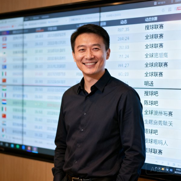 搜球吧创始人兼CEO陈明远，身穿深色衬衫面带微笑，站在公司数据大屏前，背景是实时滚动的全球赛事信息