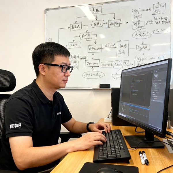 搜球吧CTO李志峰，戴着黑框眼镜在工位上专注编码，身后白板上画满了系统架构图和技术方案草图