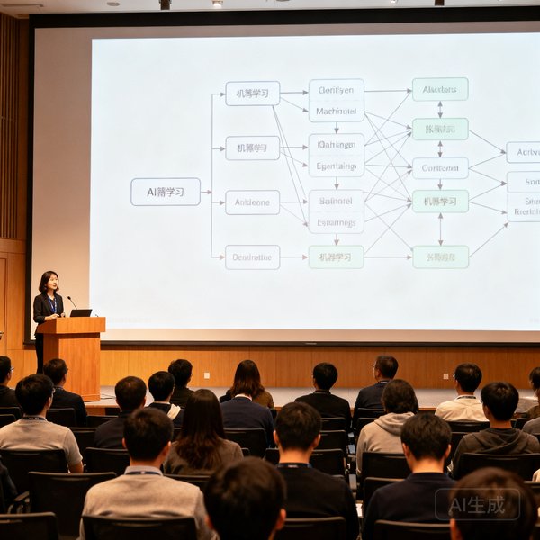 AI算法总监张雨薇在学术会议上发表演讲，大屏幕展示机器学习模型架构图，台下坐满听众